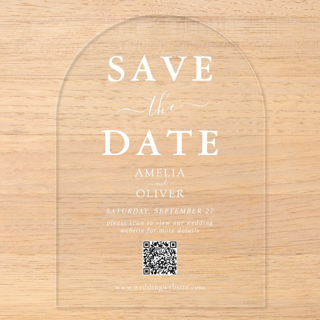 Invitaciones Acrílicas Arco de 'Save the Date' de boda con código QR de a (Anverso)