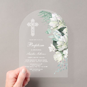 Invitaciones Acrílicas Arco de vegetación de rosas blancas Bautizo