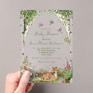 Invitaciones Acrílicas Arco del Bosque y Ciervo Recién Nacido Cumple de B