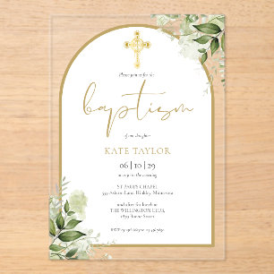 Invitaciones Acrílicas Arco dorado elegante verde follaje floral bautizo