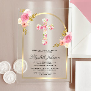 Invitaciones Acrílicas Arco dorado floral rosa sonrosado para bautizo