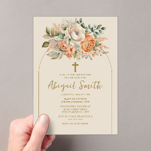 Invitaciones Acrílicas Arco elegante floral melocotón bautizo de niña