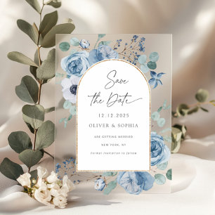 Invitaciones Acrílicas Arco floral azul polvoriento dorado Save the date