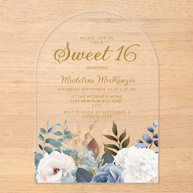 Invitaciones Acrílicas Arco floral blanco y azul turbio 16 (Anverso)