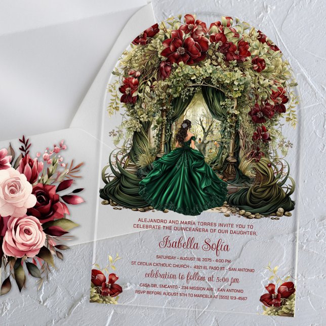 Invitaciones Acrílicas Arco floral de Borgoña (Enchanted forest invitation with emerald green dress and floral forest entrance. Any occasion invite)
