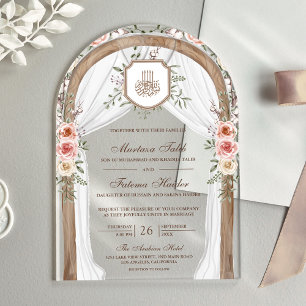 Invitaciones Acrílicas Arco floral de madera rústica Boda musulmana islám
