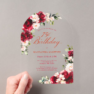 Invitaciones Acrílicas Arco floral de peonía rosa roja para cumpleaños 75
