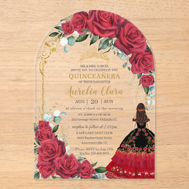 Invitaciones Acrílicas Arco floral de Roses Rojos Negro Charro Quinceañer (Anverso)