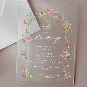 Invitaciones Acrílicas arco floral elegante de primavera para bautizo