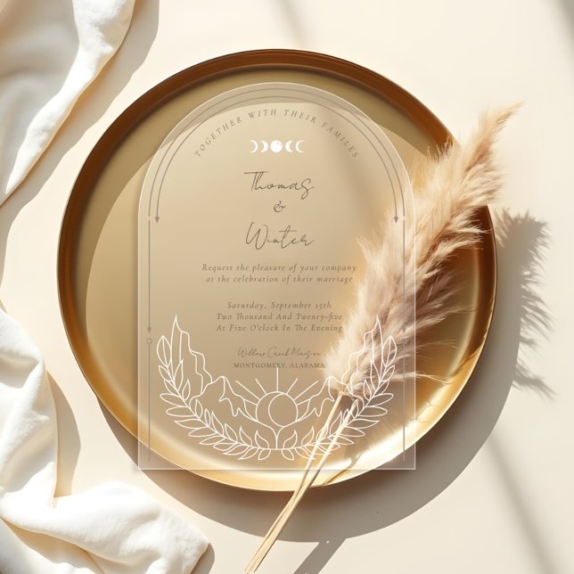 Invitaciones Acrílicas Arco minimal celestial holístico boho luna y estre (Minimal Celestial Holistic Boho Moon & Stars Arch Acrylic Invitations)