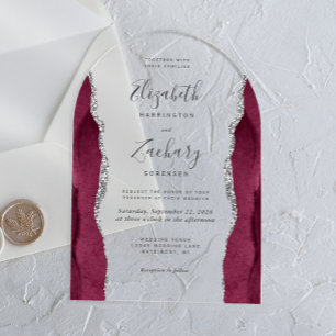 Invitaciones Acrílicas Arco moderno de Boda de plata de borgoña