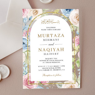 Invitaciones Acrílicas Arco Musulmán de Boda Dorado con Flores Suaves