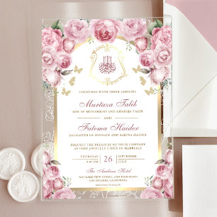 Invitaciones Acrílicas Arco Musulmán de Boda Floral Rosa con Dorado