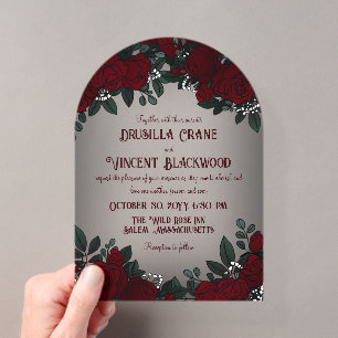 Invitaciones Acrílicas Arco Rosas Rojas Aliento de Bebé Romance Oscuro Bo