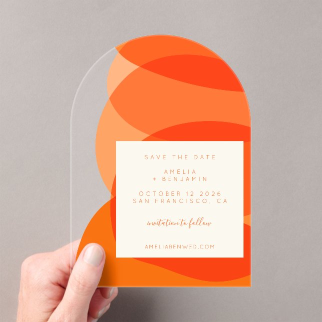 Invitaciones Acrílicas Arco único Naranja Resumen moderno Guardar la fech (Insitu (portátil))