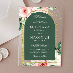 Invitaciones Acrílicas Arco Verde Floral Rosa Boda Musulmana