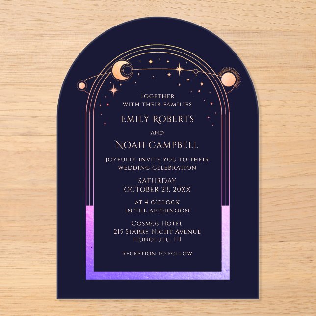 Invitaciones Acrílicas Arcoiris Celestial Sol Estrella Luna Boda (Anverso)