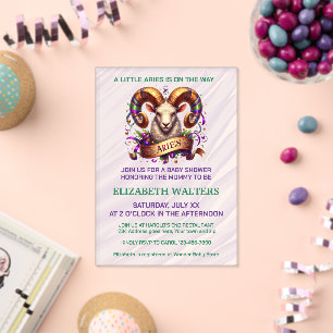 Invitaciones Acrílicas Aries Zodiac Baby Shower Lavanda y Verde