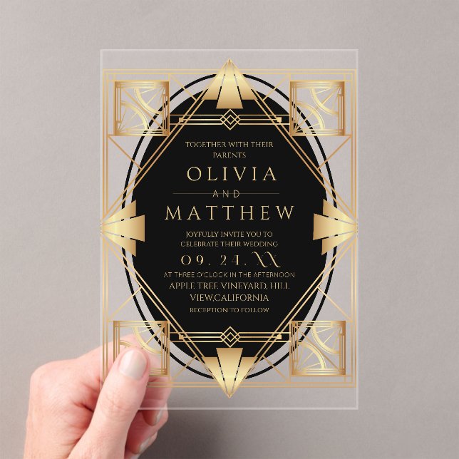 Invitaciones Acrílicas Art Deco Black and Gold Geometric Wedding  (Insitu (portátil))