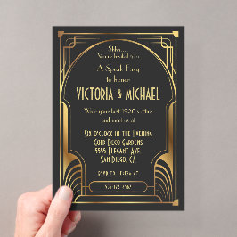 Invitaciones Acrílicas Art Deco Nouveau Fiesta de Speakeasy Dorado y Negr