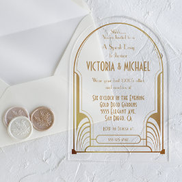 Invitaciones Acrílicas Art Deco Nouveau habla Fiesta fácil oro y negro