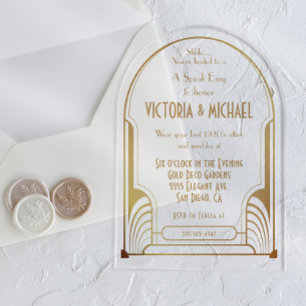 Invitaciones Acrílicas Art Deco Nouveau habla Fiesta fácil oro y negro