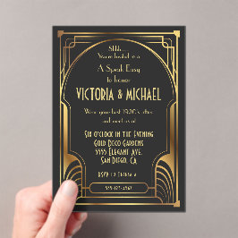 Invitaciones Acrílicas Art Deco Nouveau habla Fiesta fácil oro y negro