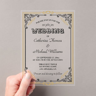 Invitaciones Acrílicas Art Decó Vintage Elegante Boda Oro Blanco Negro