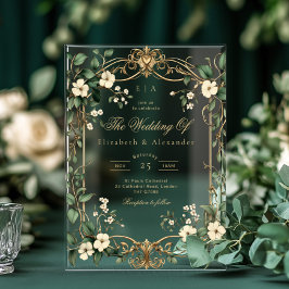 Invitaciones Acrílicas Art Nouveau Vintage Floral Green and gold Wedding