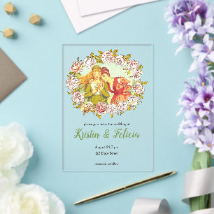 Invitaciones Acrílicas Arte Cute Vintage Nouveau Dos Novias LGBTQ
