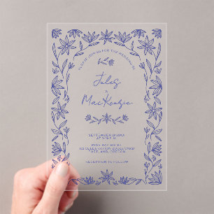 Invitaciones Acrílicas Arte de Línea de Bodas de Flor Silvestre Azul Medi