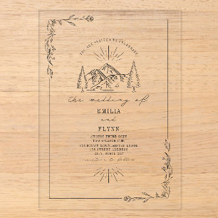 Invitaciones Acrílicas Arte de línea floral de montaña boda rústica