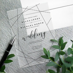 Invitaciones Acrílicas Arte de línea geométrica Boda ID648 Plata/Negro