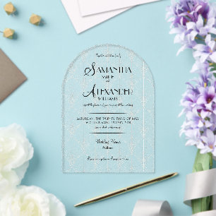 Invitaciones Acrílicas Arte Deco Minimalista Boda Foto RSVP Blanco Negro