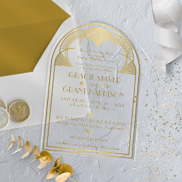 Invitaciones Acrílicas Arte Deco Vintage Boda de Arco Única Dorada Retro