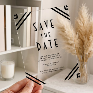 Invitaciones Acrílicas Arte geométrico negro deco de boda Save the Date