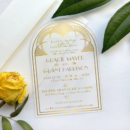 Invitaciones Acrílicas Arte Retro Deco Vintage Arco Dorado Único Boda