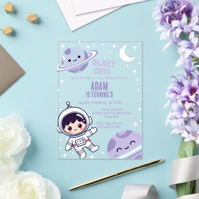 Invitaciones Acrílicas Astronauta Espacial para Niños| Fiesta en la Galax (Insitu (Boda))