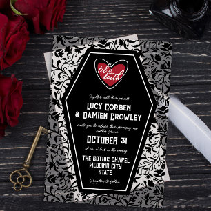 Invitaciones Acrílicas Ataúd Negro Hasta la Muerte Corazón Floral Boda Gó