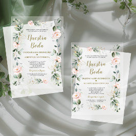 Invitaciones Acrílicas Atractivo Español Rosa Floral Oro Nuestra Boda 