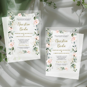 Invitaciones Acrílicas Atractivo Español Rosa Floral Oro Nuestra Boda