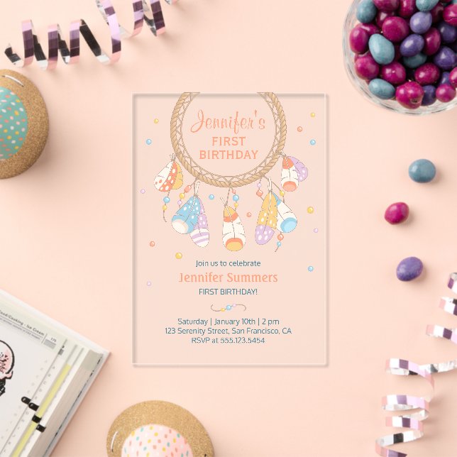 Invitaciones Acrílicas Atrapasueños Boho Cumpleaños Bebé Primero Transpar (Insitu (Celebración))