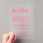 Invitaciones Acrílicas Audaz tipografía rosa rojo moderno 50 cumpleaños<br><div class="desc">Celebra un hito en el estilo con estas "Fuertes invitaciones acrílicas color rosa y rojo moderno 50 cumpleaños". Con una tipografía impresionante en tonos rojos y rojos vivos en un acrílico elegante y contemporáneo, estas invitaciones son perfectas para marcar el tono de una moda y una celebración inolvidable de los...</div>
