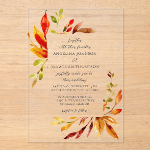 Invitaciones Acrílicas Autumn deja Boda a una acuarela brillante en negri