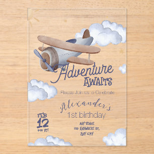 Invitaciones Acrílicas Aventura de primer cumpleaños de avión vintage lin
