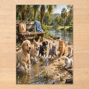 Invitaciones Acrílicas Aventura junto al río de cachorros y gatitos lindo