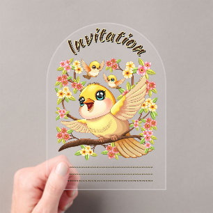 Invitaciones Acrílicas Aves cortas y felices entre las flores de primaver