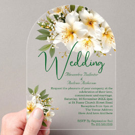 Invitaciones Acrílicas Azaleas de boda elegantes flores blancas amarillas