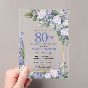 Invitaciones Acrílicas Azul Blanco Oro Floral 80 Cumpleaños