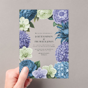 Invitaciones Acrílicas Azul Celeste, Índigo Helado y Guijarro de Plata